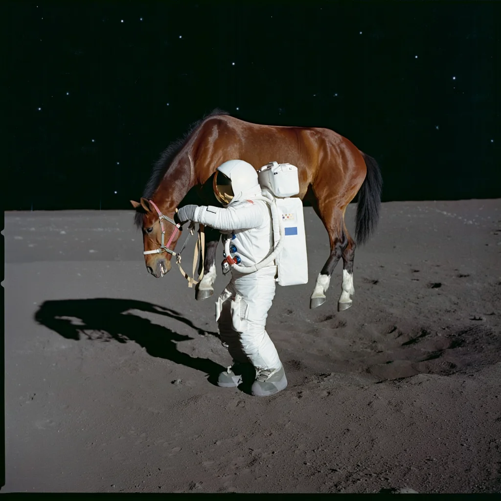 An astronaut in a white spacesuit carries a full-sized brown horse on his shoulders while walking on the grey, dusty lunar surface. The astronaut's posture is hunched forward under the weight of the horse, which lies horizontally across his shoulders. The horse's legs dangle on either side of the astronaut. The cratered lunar landscape extends to the horizon, where distant stars twinkle in the black sky. Film photography shot on medium format camera with shallow depth of field from an 80mm lens creates soft background blur while maintaining sharp focus on subjects.