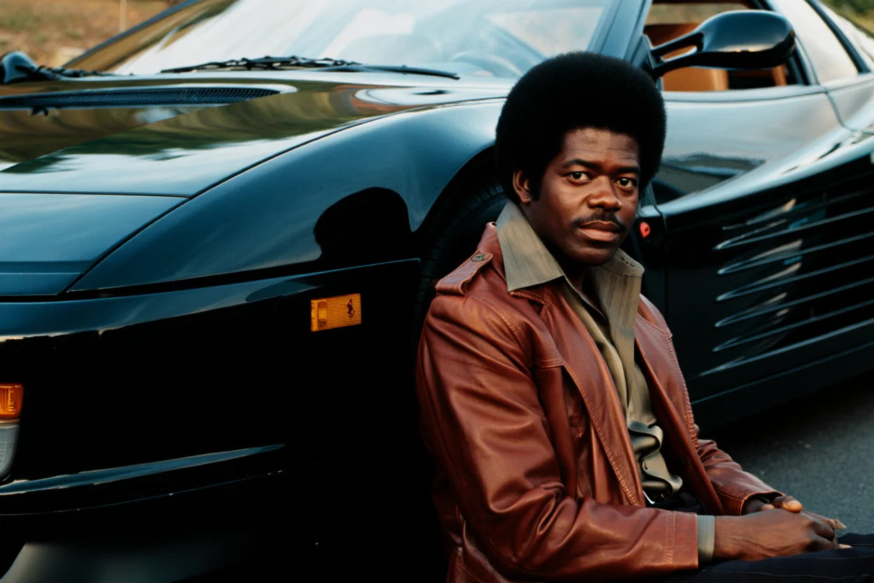 A screengrab from a 1970s television commercial shows a black man with a full afro hairstyle leaning confidently against the front fender of a glossy black Ferrari Testarossa sports car. The man wears period-appropriate attire consisting of a brown leather jacket and wide-collared shirt. The Ferrari's distinctive side strakes and wedge-shaped profile are visible in the frame. The commercial's film grain and color saturation characteristic of 1970s footage is evident throughout the image. Vintage television commercial footage with film grain texture and saturated colors typical of 1970s broadcast quality.