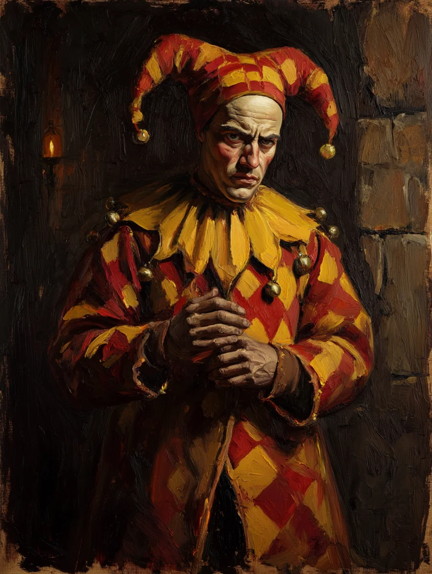 A court jester stands in a dimly lit chamber, wearing a traditional red and yellow checkered costume with bells on the pointed hat and sleeves. The figure's face shows detailed features with deep shadows across the cheeks and forehead, highlighted by warm directional lighting from an unseen source. Visible, rough brushstrokes create texture throughout the composition, particularly in the jester's clothing and the dark stone walls behind the figure. The painting uses muted, desaturated colors dominated by browns and deep reds, with dramatic shadows creating strong contrast between light and dark areas. Oil painting with rough, impressionistic brushstrokes and dramatic chiaroscuro lighting techniques on textured canvas.
