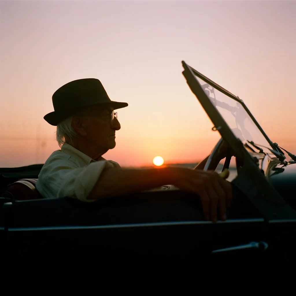 A silhouette portrait of an elderly Italian man driving a classic black convertible at sunset, captured on 35mm film. The man's profile and hat are backlit by the warm hues of the setting sun, his hands relaxed on the steering wheel. The scene evokes a sense of nostalgia and freedom, amplified by the dreamlike quality of the film grain. Vintage 35mm film photography with warm sunset tones and subtle grain.