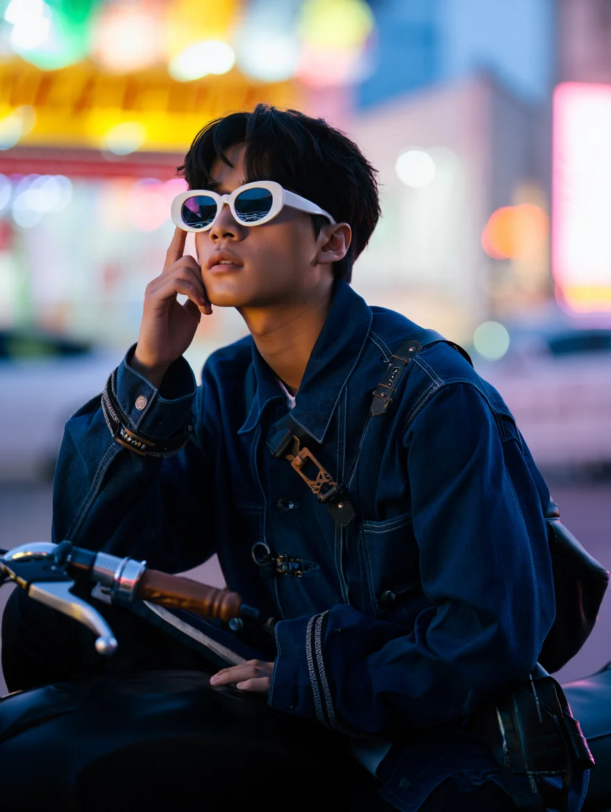A film still capturing a young Asian musician at blue hour. The subject, clad in an oversized dark denim jacket with decorative straps and buckle details, sits contemplatively on a vintage motorcycle, white retro sunglasses perched on their face. The background features a vibrant neon-lit cityscape, blurred to create a sense of movement and energy. Shot with shallow depth of field and natural front lighting, the image exudes a cinematic, rebellious mood.