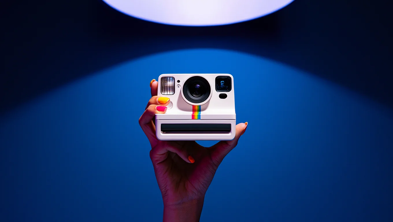 A dramatically lit photograph showcasing a hand with vibrant nail polish holding a white Polaroid Go instant camera against a deep blue background. The camera's rainbow stripe is prominently displayed, catching the light. The image utilizes a single overhead light source, casting soft shadows and creating a sense of depth. The composition remains centered, with a shallow depth of field that emphasizes the camera while slightly blurring the hand. This bold, artistic approach results in a visually striking and contemporary image.