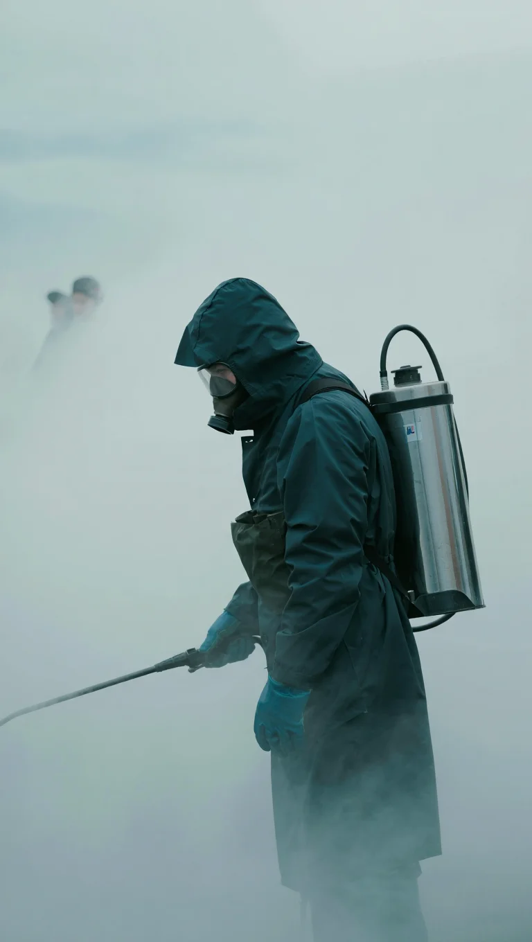 A post-apocalyptic scene with a solitary figure in dark protective gear and gas mask standing in profile against a misty background. The figure wears a long waterproof coat and carries a metallic cylindrical tank on their back, holding a long spray wand while slightly bowing forward. A thick fog permeates the atmosphere, with distant human silhouettes barely visible through the haze. The scene uses desaturated teal and gray tones throughout, with cool cyan color grading and slightly crushed black levels. The figure is positioned in the left third of the frame, while the remainder of the frame shows the foggy environment extending into the distance. Wide-format cinematic photography with 2.35:1 aspect ratio using soft diffused lighting, subtle film grain texture, and desaturated color palette.