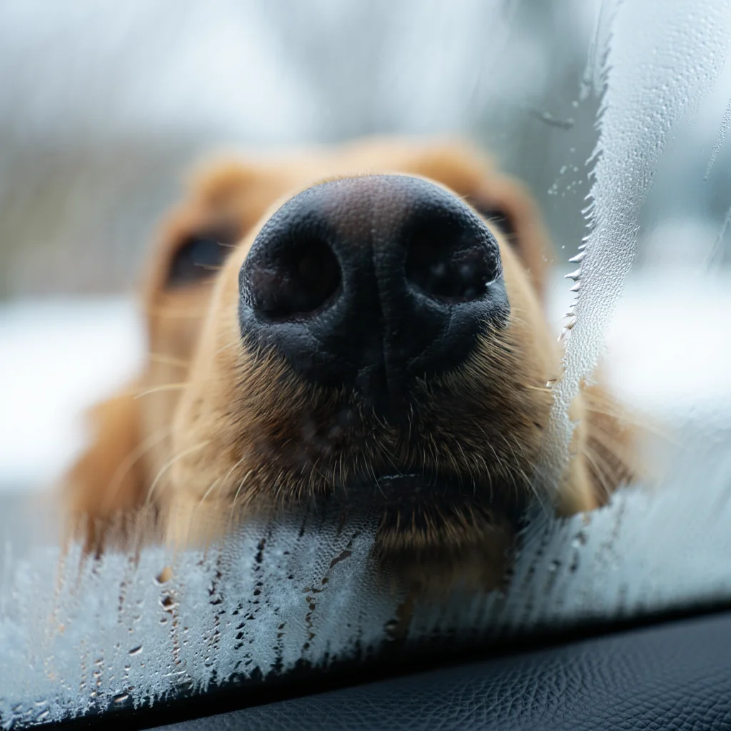 An extreme close-up of a golden retriever's nose pressed against a frosty windowpane, capturing the intricate texture of its black, leather-like surface with condensation clinging to the edges. The dog's warm breath creates fleeting patterns of moisture, contrasting with the cold, muted colors of the winter scene visible through the blurry glass. Macro photography with a shallow depth of field.