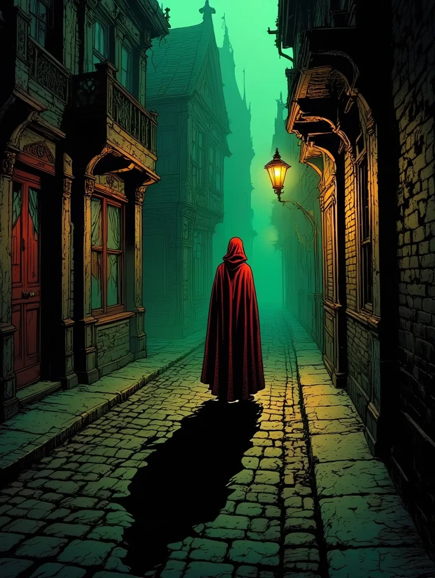 A figure entirely obscured by a crimson cloak stands on an ancient cobblestone street, illuminated by a flickering gas lamp. Eerie emerald green fog rolls in from the distance, obscuring the ornate, gothic architecture lining the street. The buildings are grotesquely elongated, vanishing into the fog above. The figure's form is warped by the unnatural lighting, casting a long, distorted shadow down the street.  Visible film grain adds a palpable texture, particularly pronounced in the inky black shadows. The scene is cropped off-center, emphasizing the figure and their elongated shadow stretching into the fog. The overall palette consists of deep greens, blacks, and reds, creating a sense of unease. Graphic novel illustration with heavy ink textures and a vintage horror comic book aesthetic.