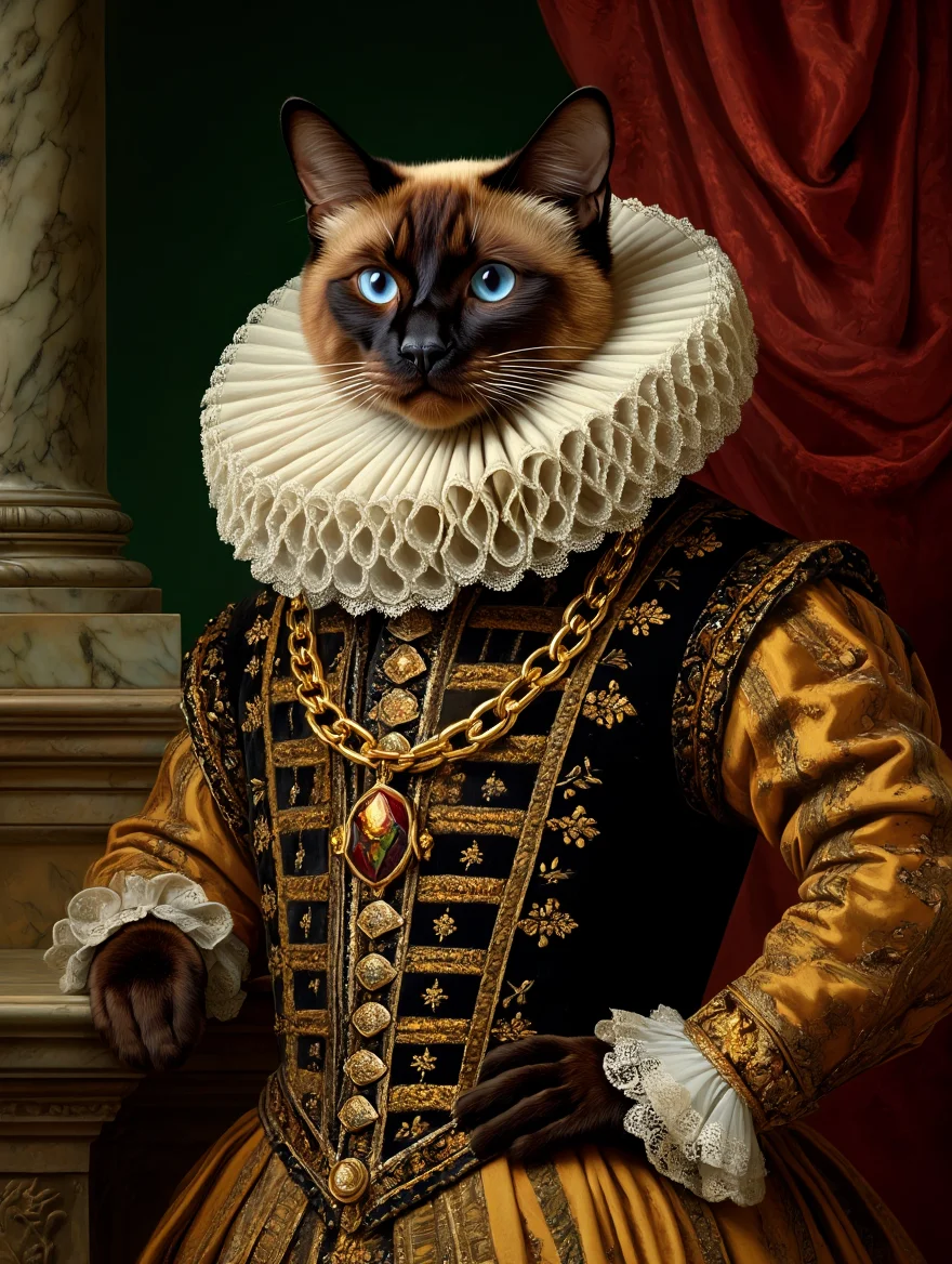 A distinguished Siamese cat is depicted in a regal pose wearing a velvet Elizabethan doublet with intricate gold embroidery. The cat's attire includes a large, lace-trimmed ruff framing its head. A thick gold chain with a jeweled pendant hangs around its neck. The cat's blue eyes gaze directly at the viewer. The background is a deep forest green, accented by a glimpse of a classical marble column draped in crimson velvet, hinting at a grand estate setting.  The scene is rendered in the style of a 16th-century oil painting, with meticulous attention to detail and texture, especially in the fur, fabrics, and background elements.