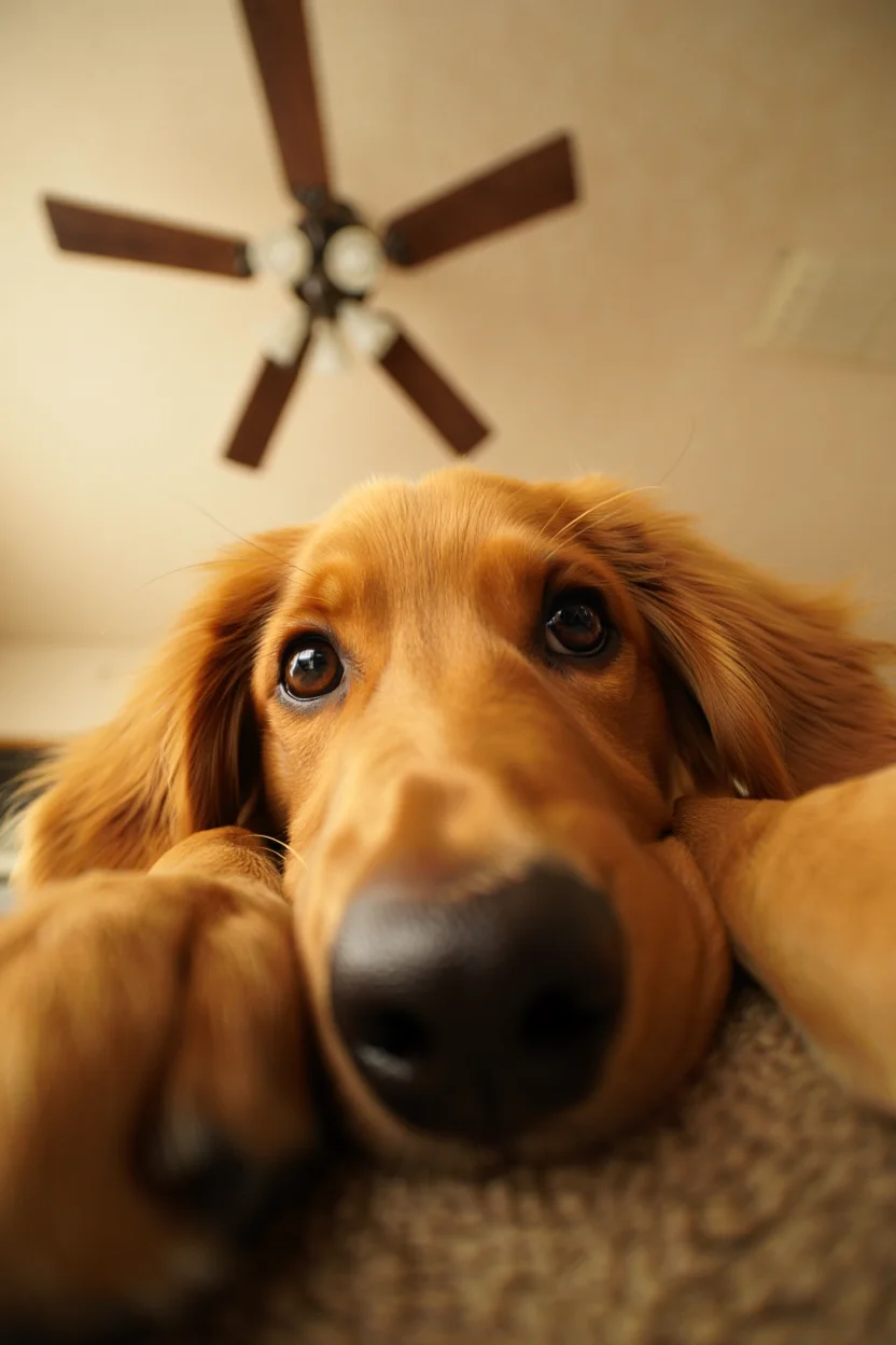 A golden retriever puppy's nose pressed against the camera lens, its soft fur filling the frame. The background shows a blurred ceiling fan slowly rotating, illuminated by warm morning light. The image evokes the feeling of waking up to a furry friend's morning kisses.